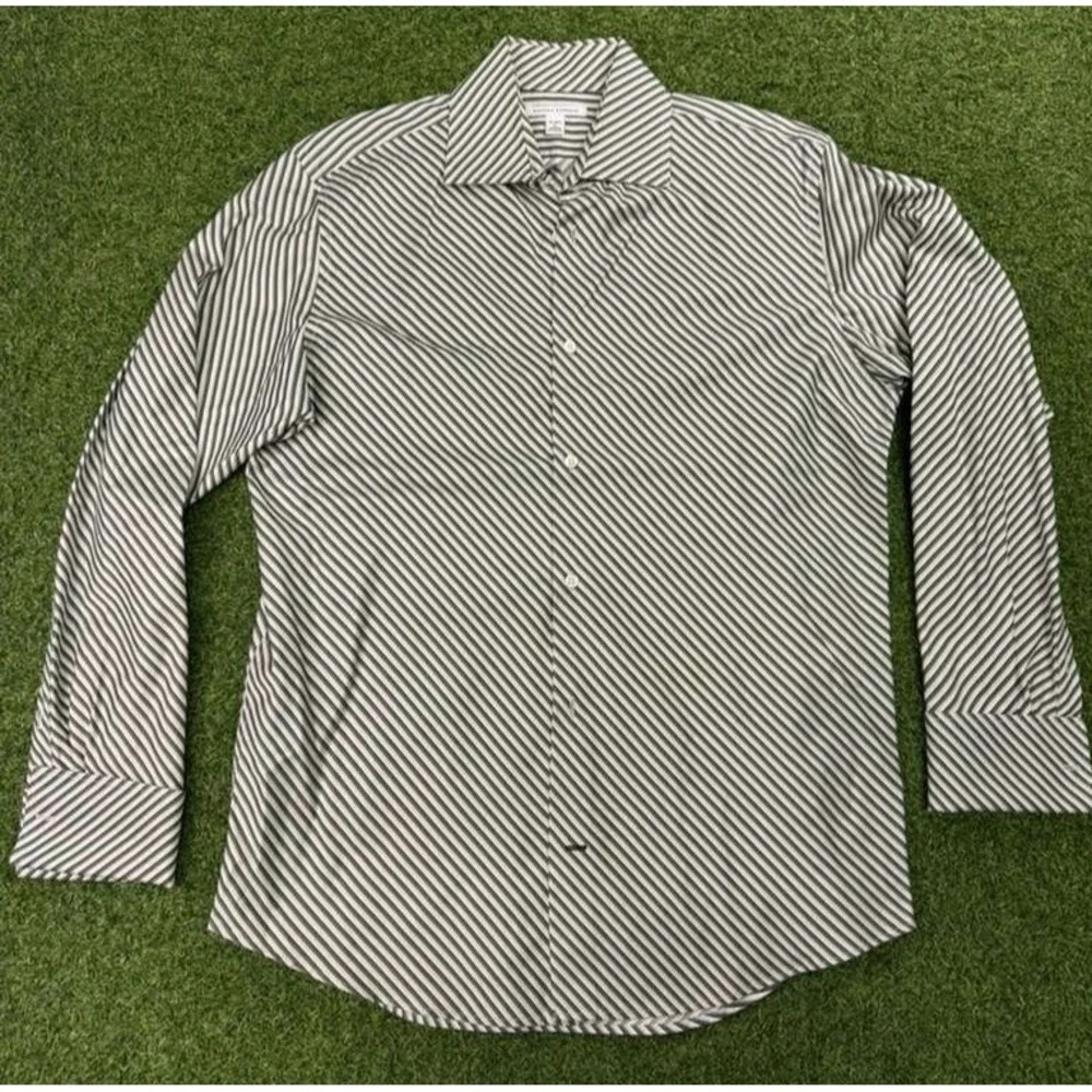 Banana Republic Dress Shirt Men Large 16-16.5 Green Gray Striped Formal Business